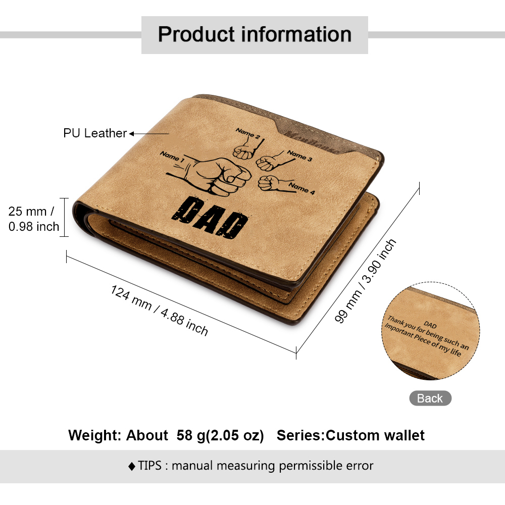 4 Names - Personalized Men Leather Wallet Custom Photo & Text & Name Folding Wallet Fist Bump Wallet Gift for Dad