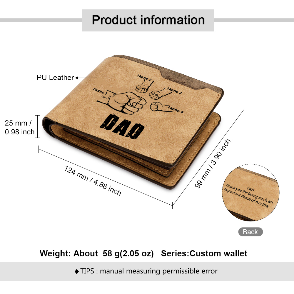 4 Names - Personalized Men Leather Wallet Custom Photo & Text & Name Folding Wallet Fist Bump Wallet Gift for Dad