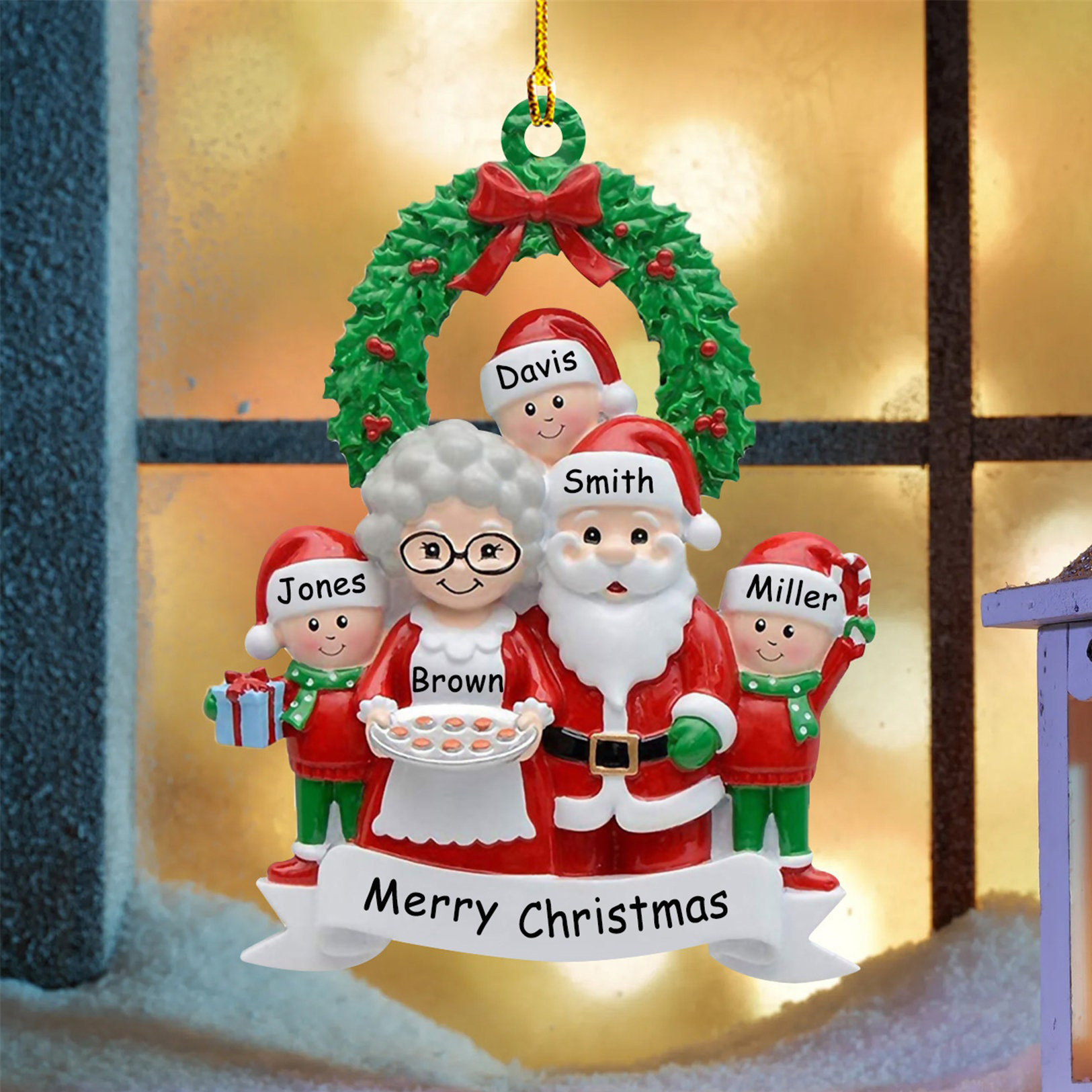 Santa Family Ornament Custom 5 Names Grandparents with Grandkids Ornament