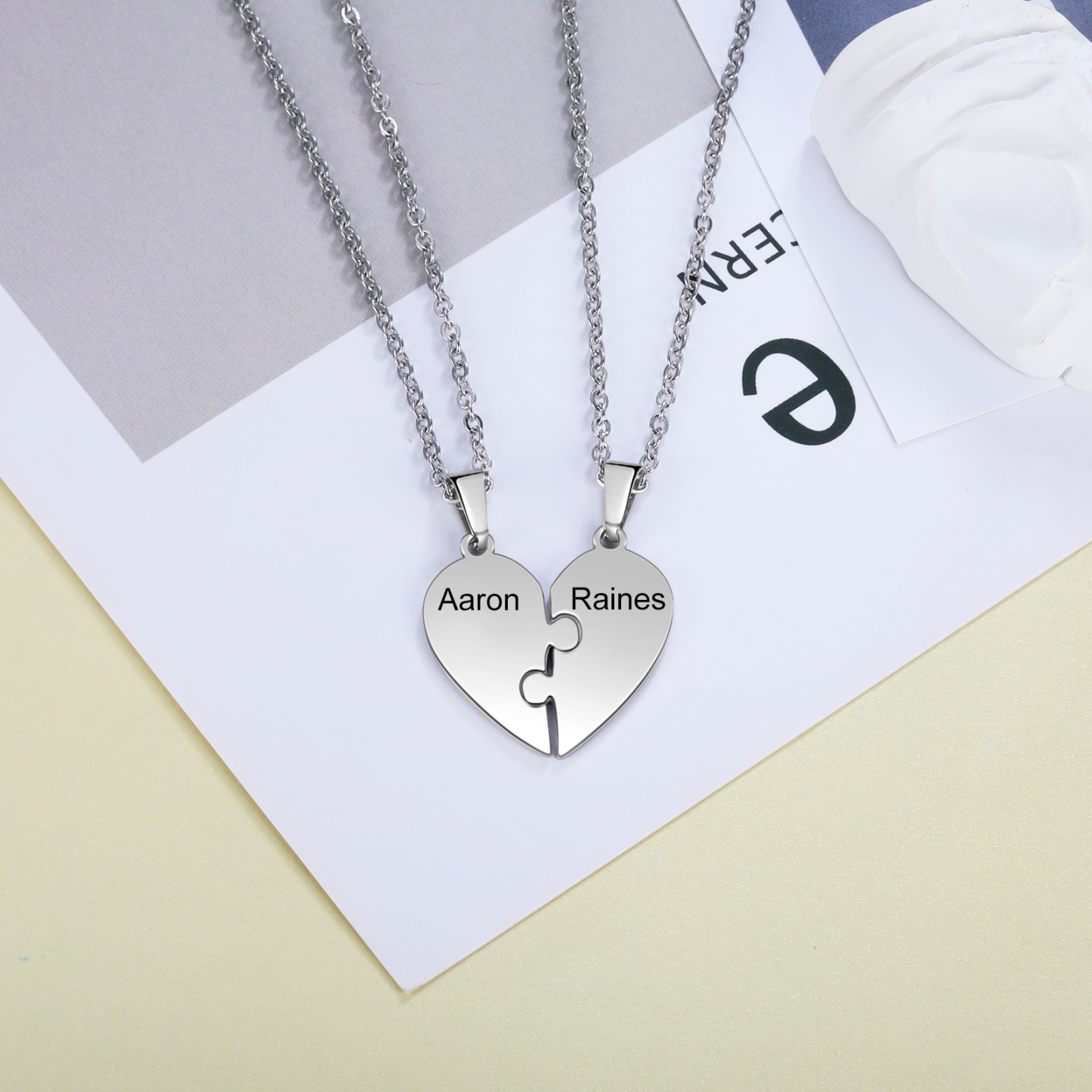Personalized Heart Puzzle Necklace Engraved 2 Names Matching Necklace Gifts for Couple