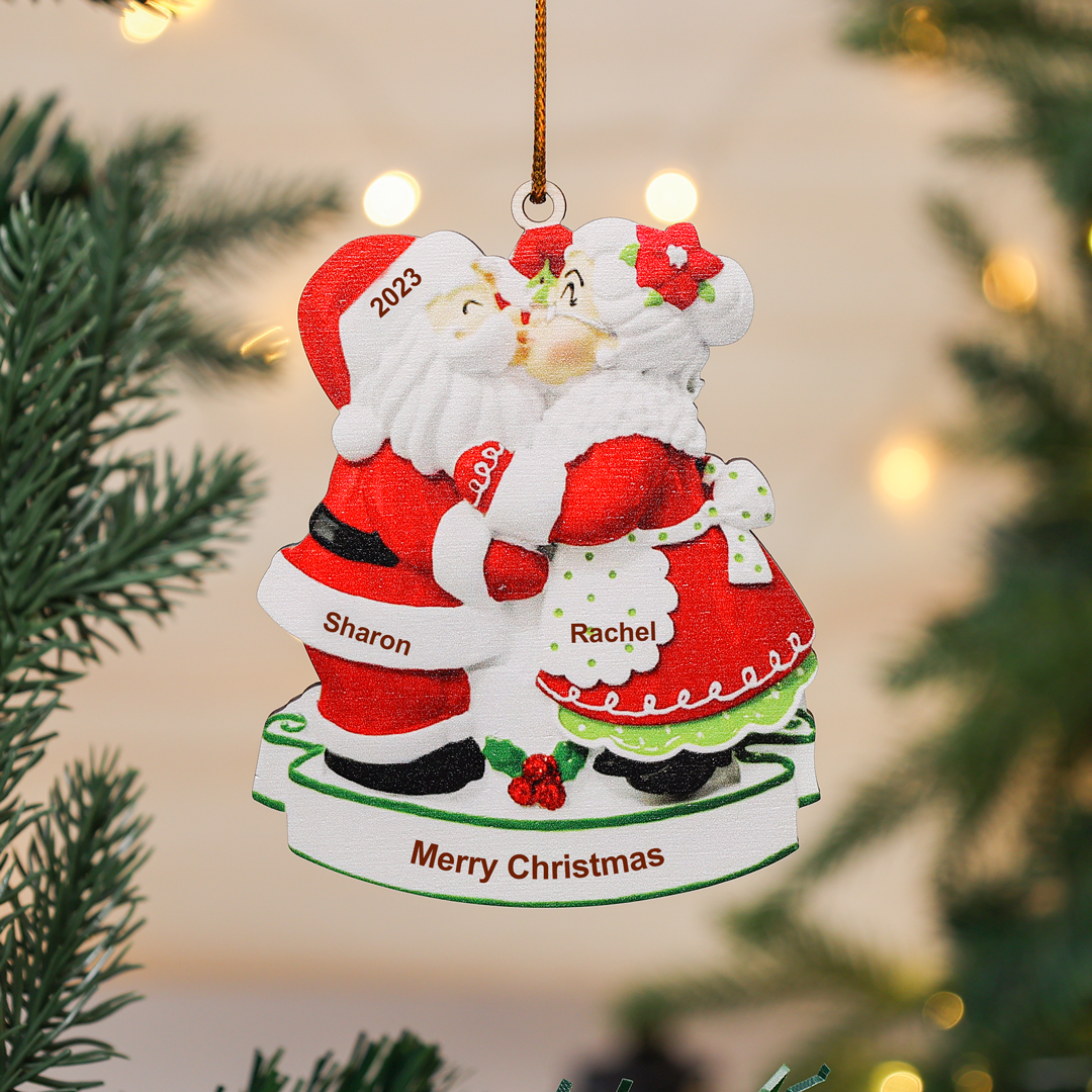 2 Names - Personalized Santa Claus Ornament Customized Text & Year & Name Wooden Hanging Ornament Couple Gift
