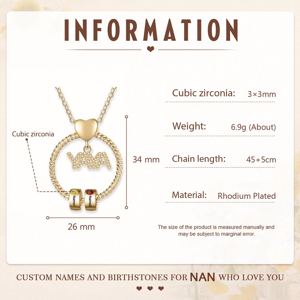 Collar a abuela con colgante de "YAYA" con 2 nombres Y 2 piedras de nacimiento personalizados | Jessemade-Jessemade ES