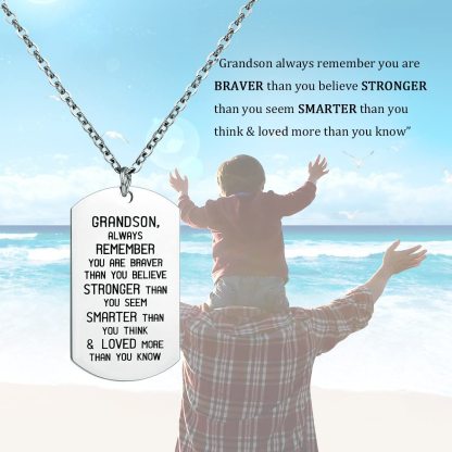 To My Grandson Dog Tag Necklace Inspirational Gift "Loved More Than You Know"
