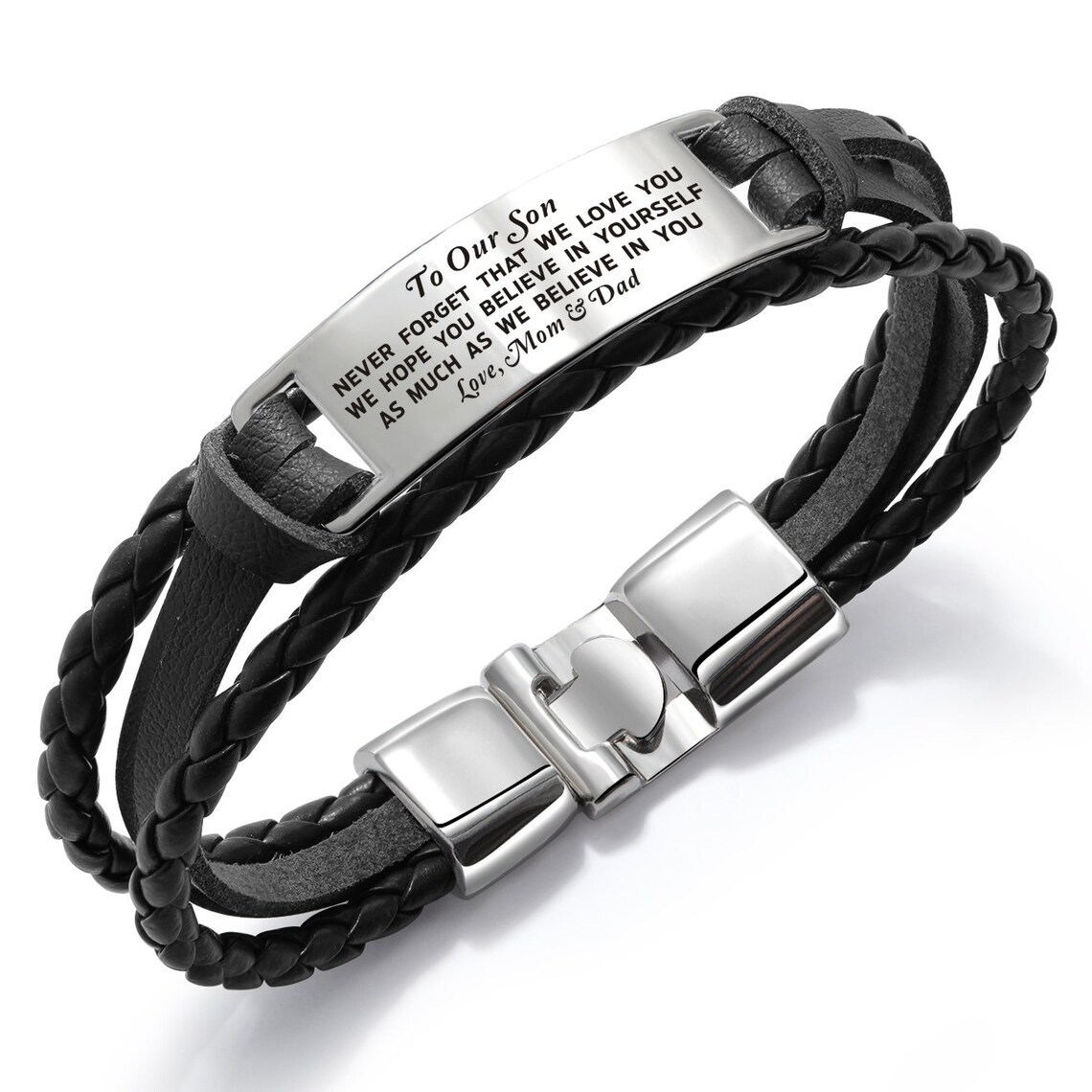 To My Son Braided Leather Bracelet "Never Forget That I Love You"