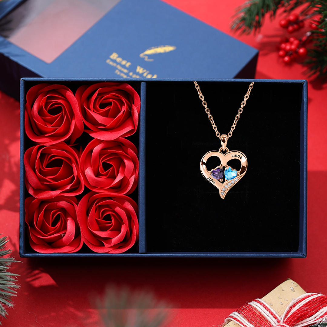 Sterling Silver Heart Necklace Love Necklace Personalized with 2 Birthstones 2 Names Valentine's Day Gift 