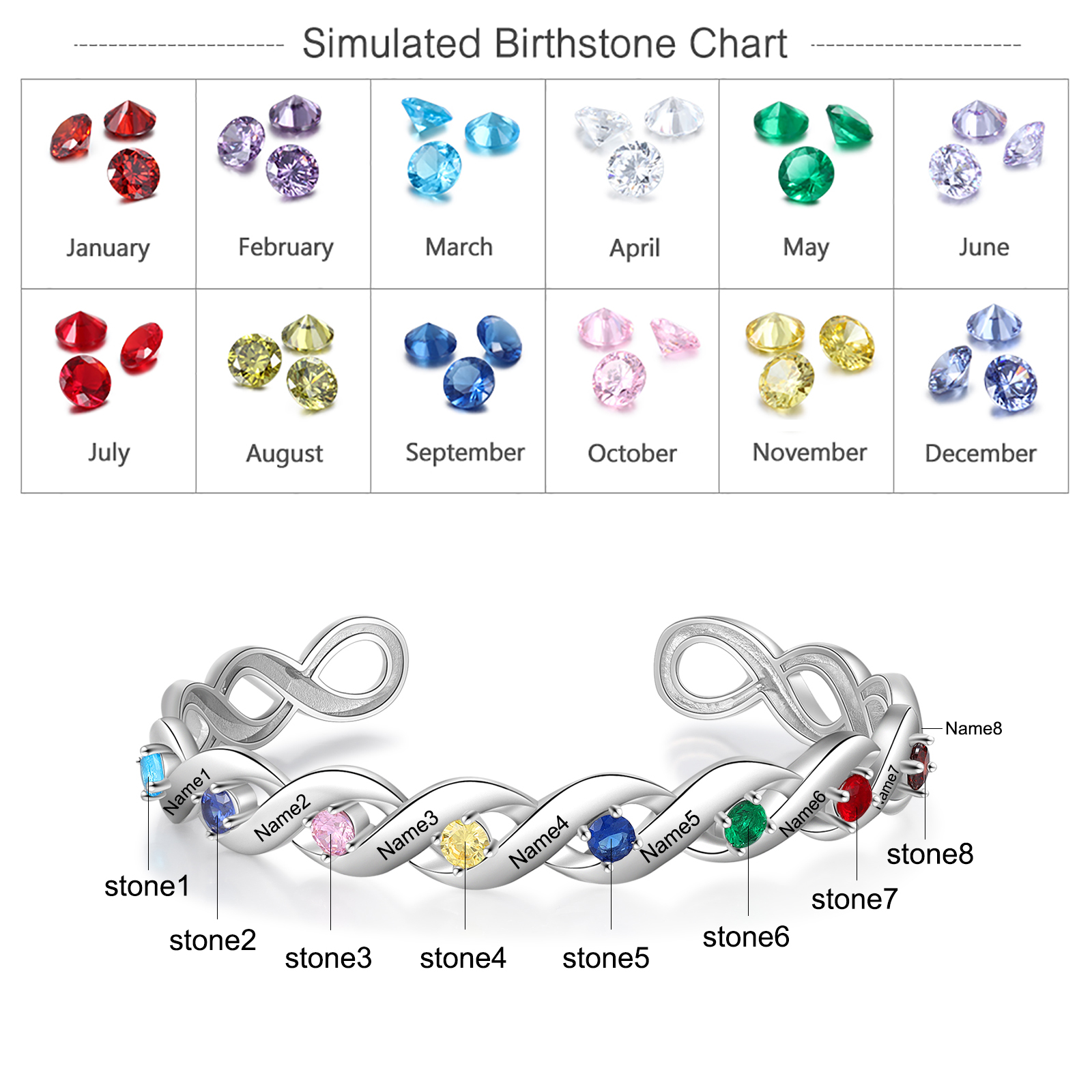 Personalized Birthstone Bangle Bracelet Custom 8 Names Bracelet for Family