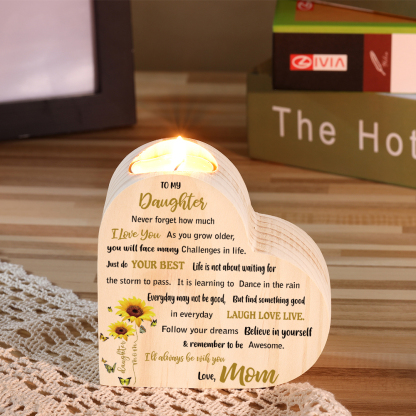 To My Daughter Wooden Heart Candle Holder Sunflowers Candlesticks "I'll always be with you"
