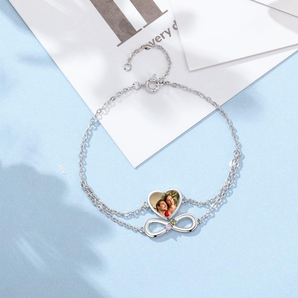 Heart Photo Bracelet Infinity Bracelet with 2 Birthstones Personalized Gift