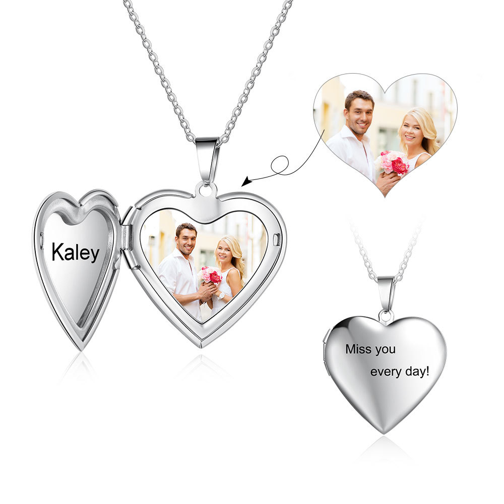 Heart Photo Locket Necklace with Engraving Heart Pendant Personalized Gift for Her