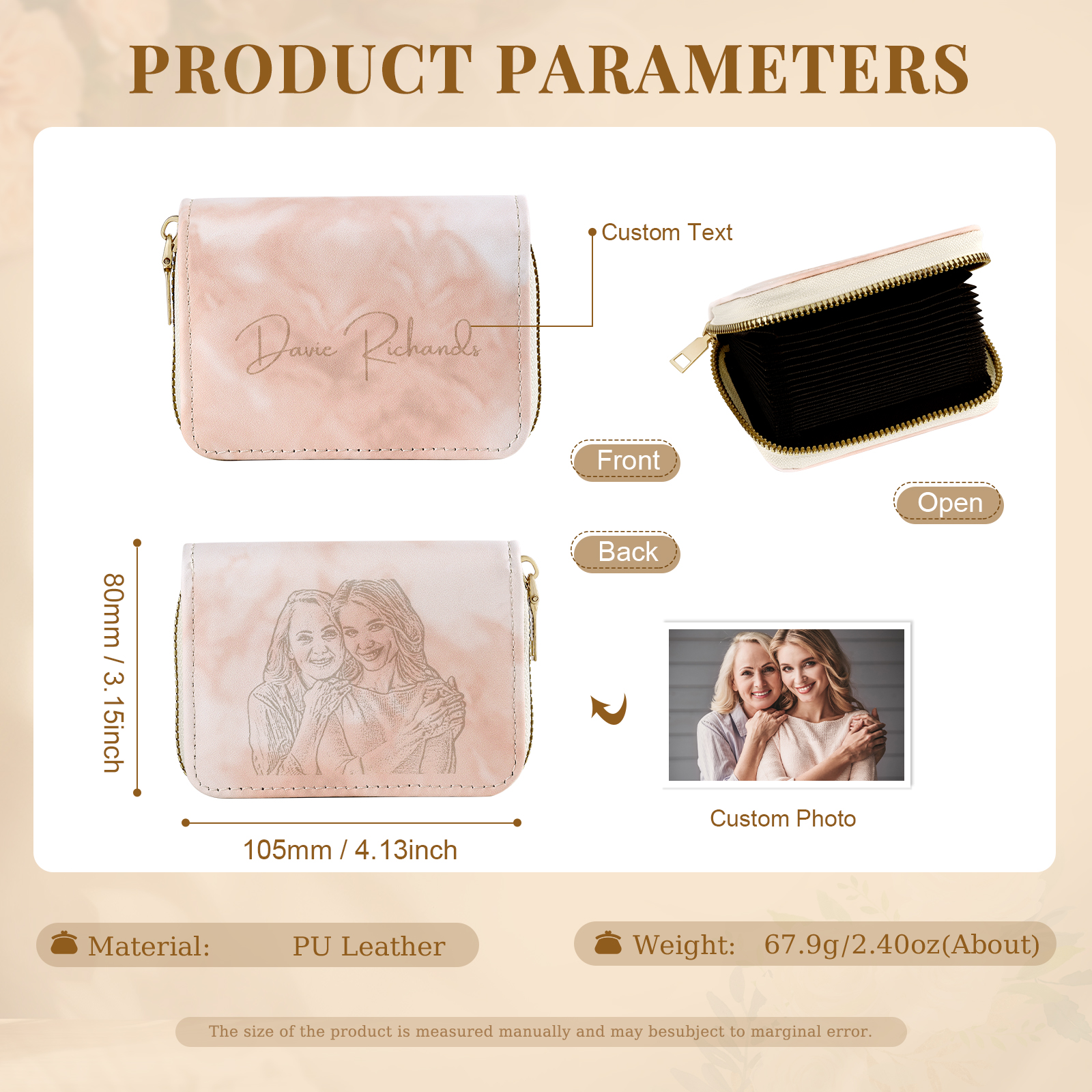 Personalized Women's Leather Wallet Custom Photo & Text Zipper Wallet Accordion Wallet Gift for Her