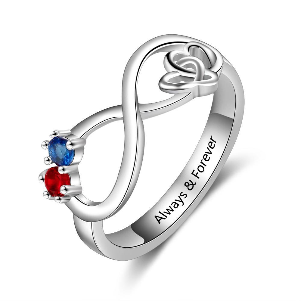 S925 Infinity Ring Double Heart Promise Ring Personalized with 2 Birthstones Engraved Sterling Silver Ring