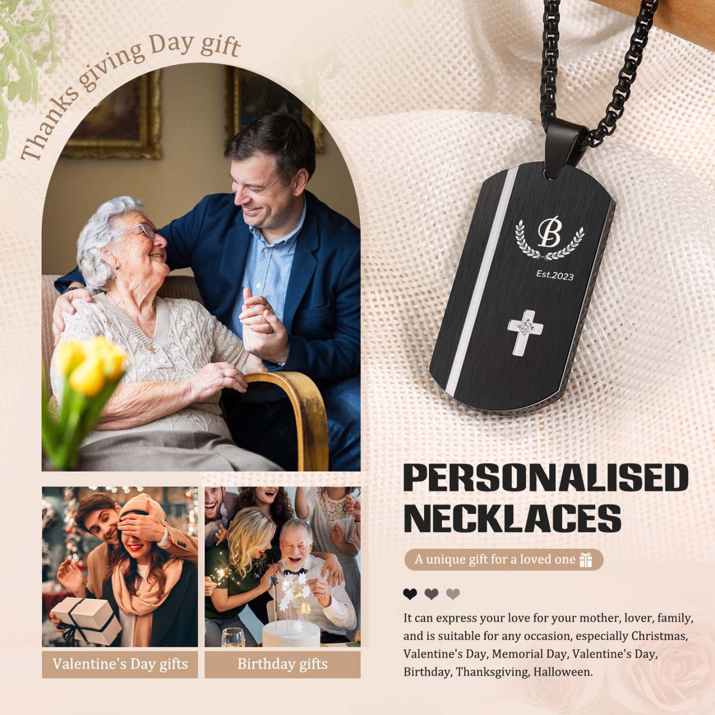 Personalized Men's Necklace Engraved Letter & Year & Text Dog Tag Necklace Stainless Steel Gift for Him