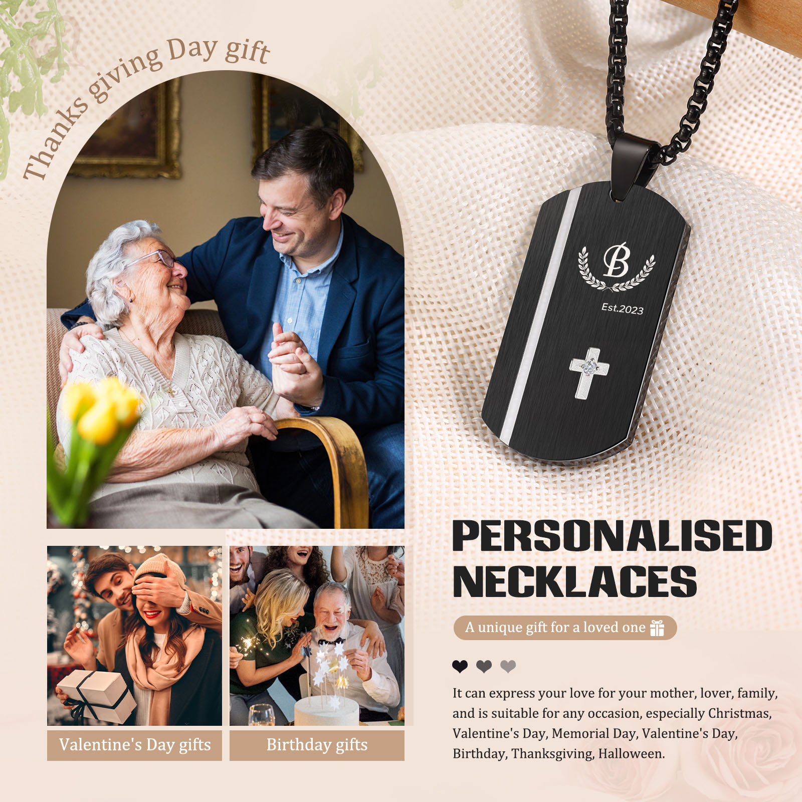 Personalized Men's Necklace Engraved Letter & Year & Text Dog Tag Necklace Stainless Steel Gift for Him