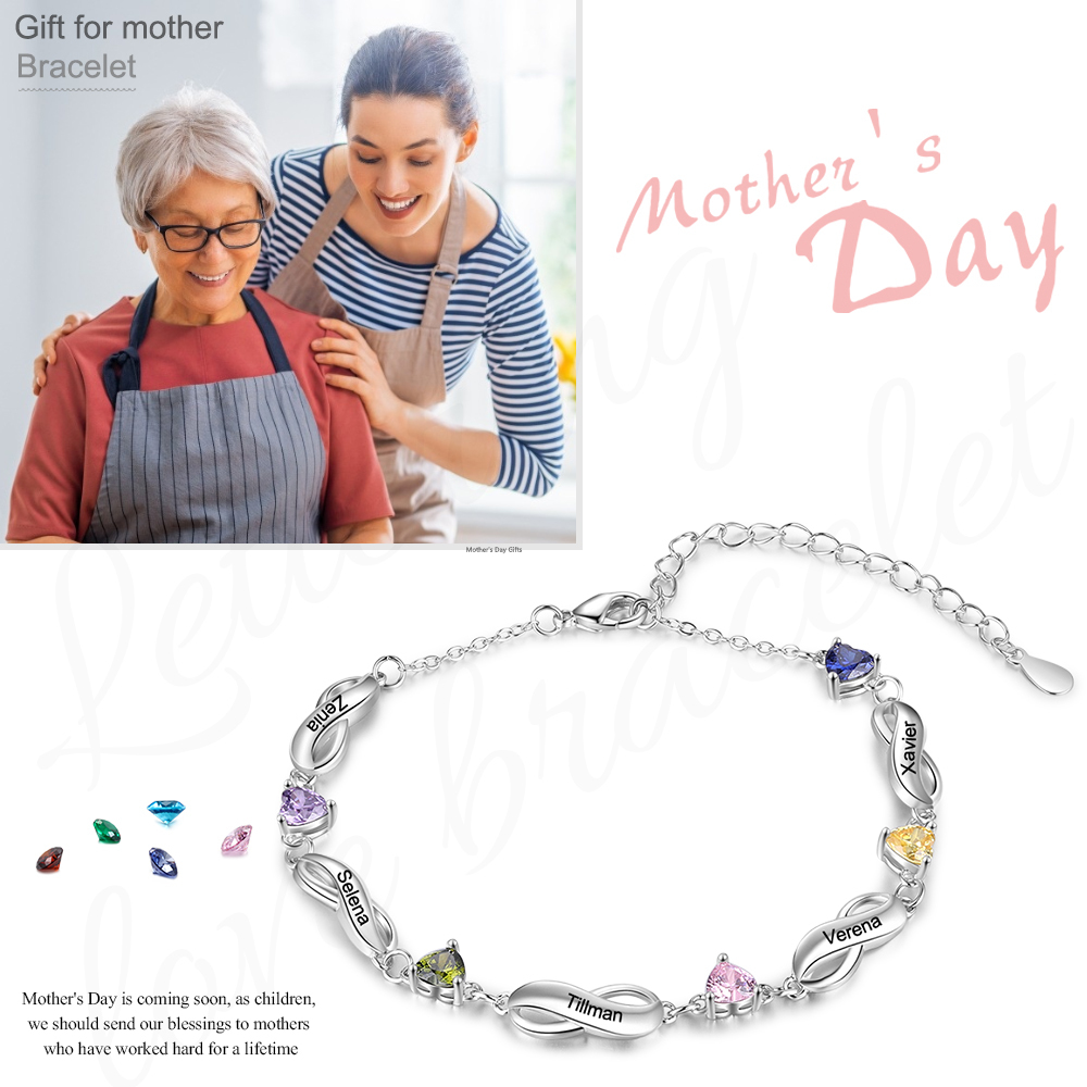Infinity Bracelet with 5 Heart Shape Birthstones Family Bracelet for Mom