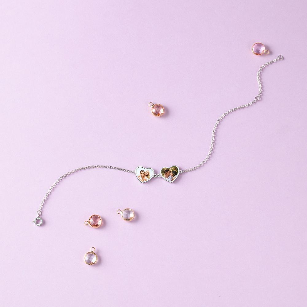 Personalized Photo Bracelet With Two Heart Pendant Engraved 2 Names