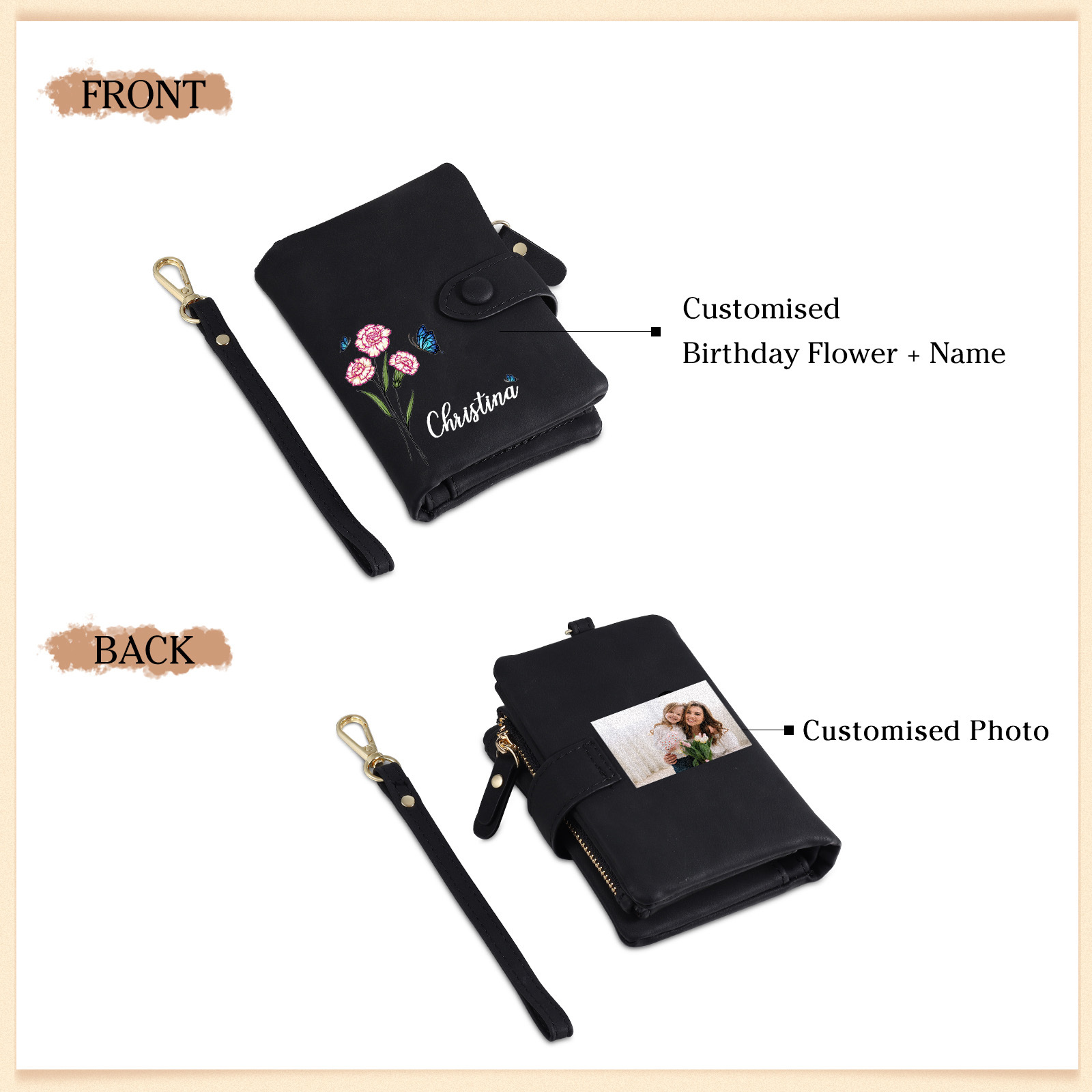 Personalized Women's Leather Wallet Custom Birthday Flower & Name & Photo Wallet Gift for Her