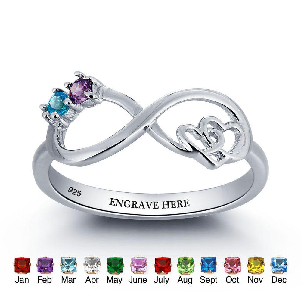 S925 Infinity Ring Double Heart Promise Ring Personalized with 2 Birthstones Engraved Sterling Silver Ring
