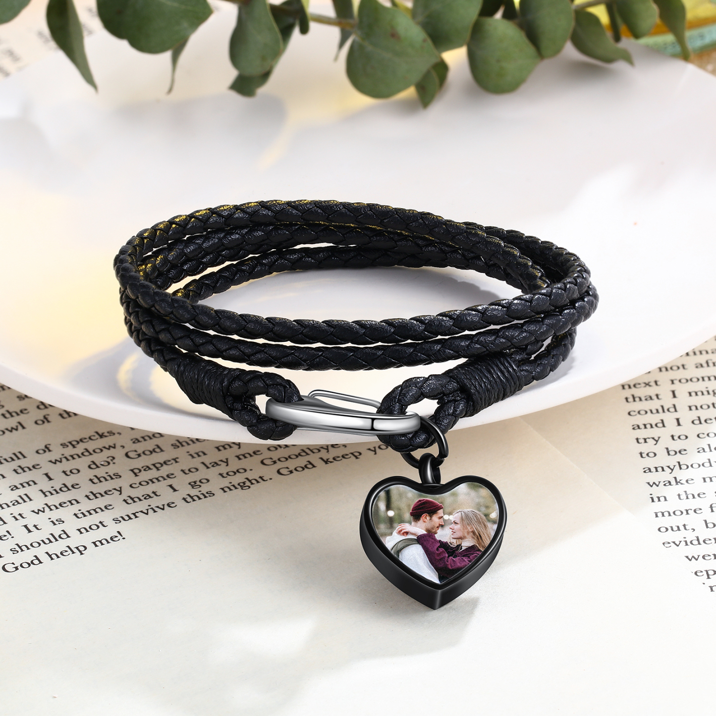 Heart Photo Bracelet with Braided Leather Chain Multi-layer Bracelet