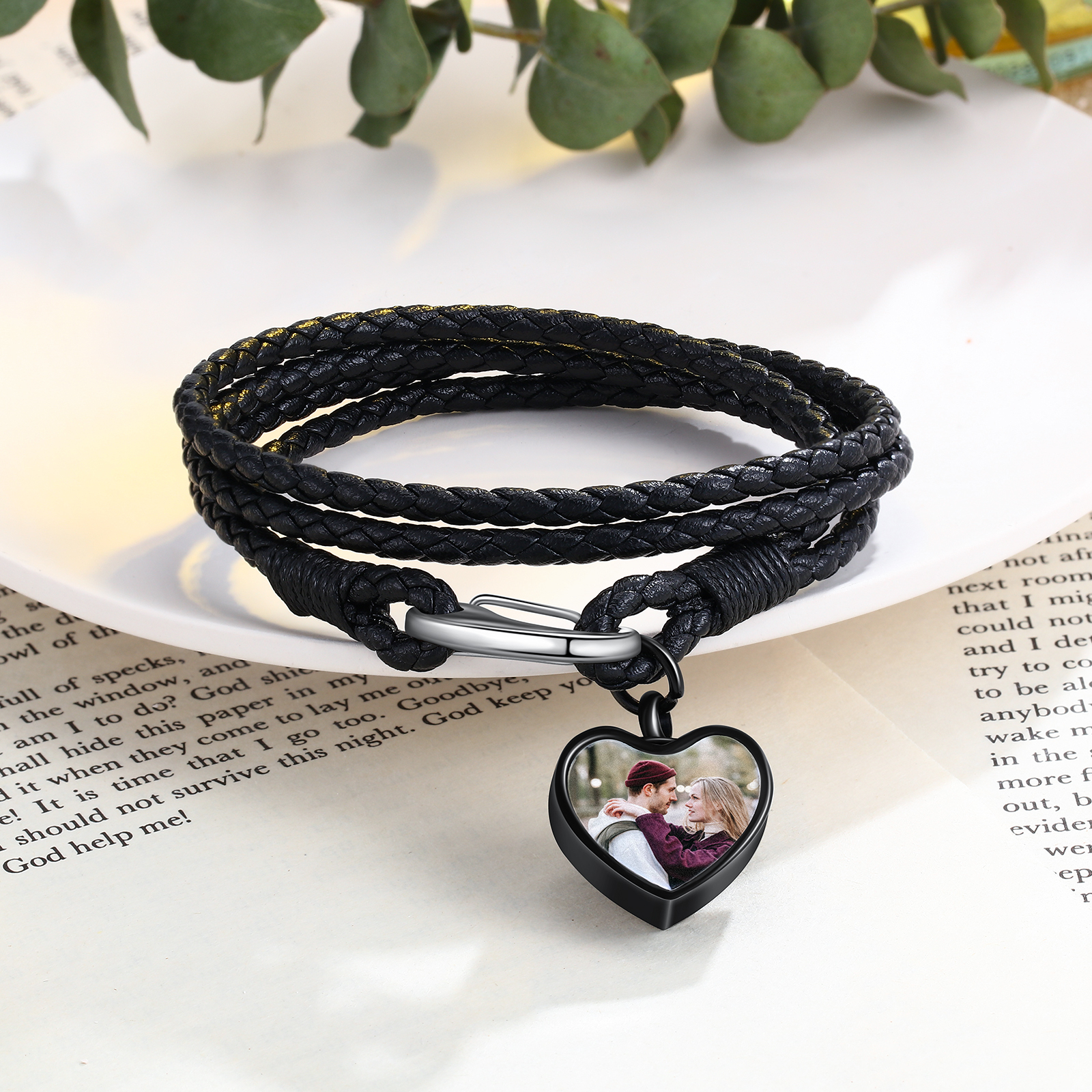 Heart Photo Bracelet with Braided Leather Chain Multi-layer Bracelet