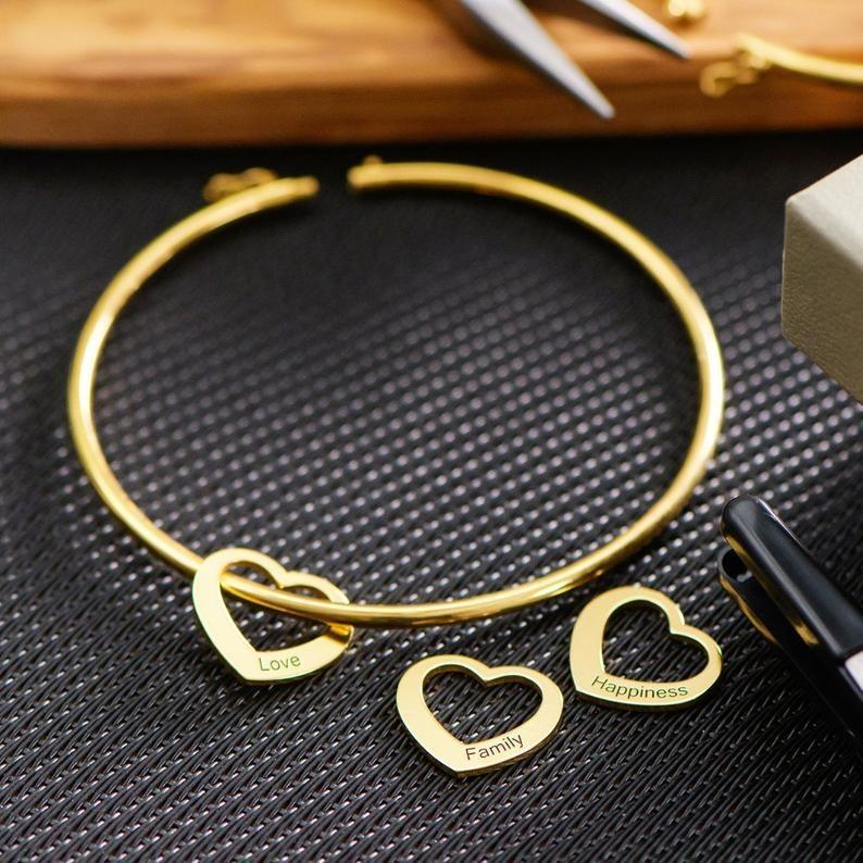 Personalized 3 Names Bracelet Heart Charms Bracelet Love Bangle Gifts for Her