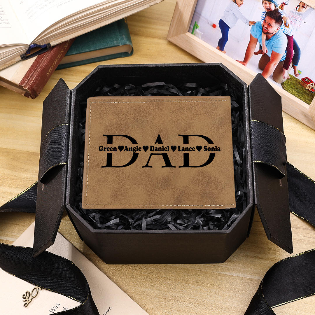 5 Names - Custom Photo & Text & Name Wallet Personalized Men's Leather Folding Wallet Gifts for Dad