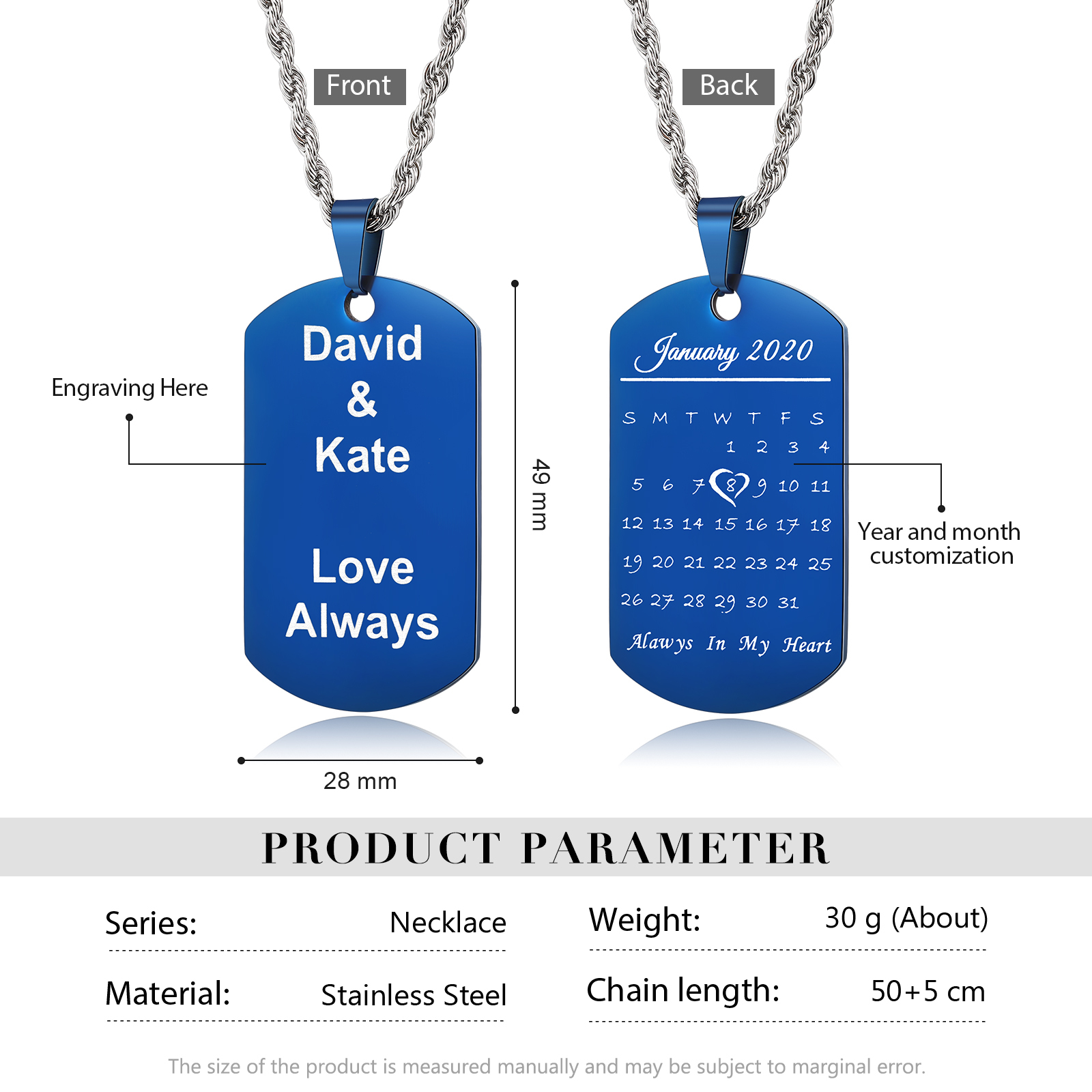 Personalized Dog Tag Necklace with Calendar Gift for Men