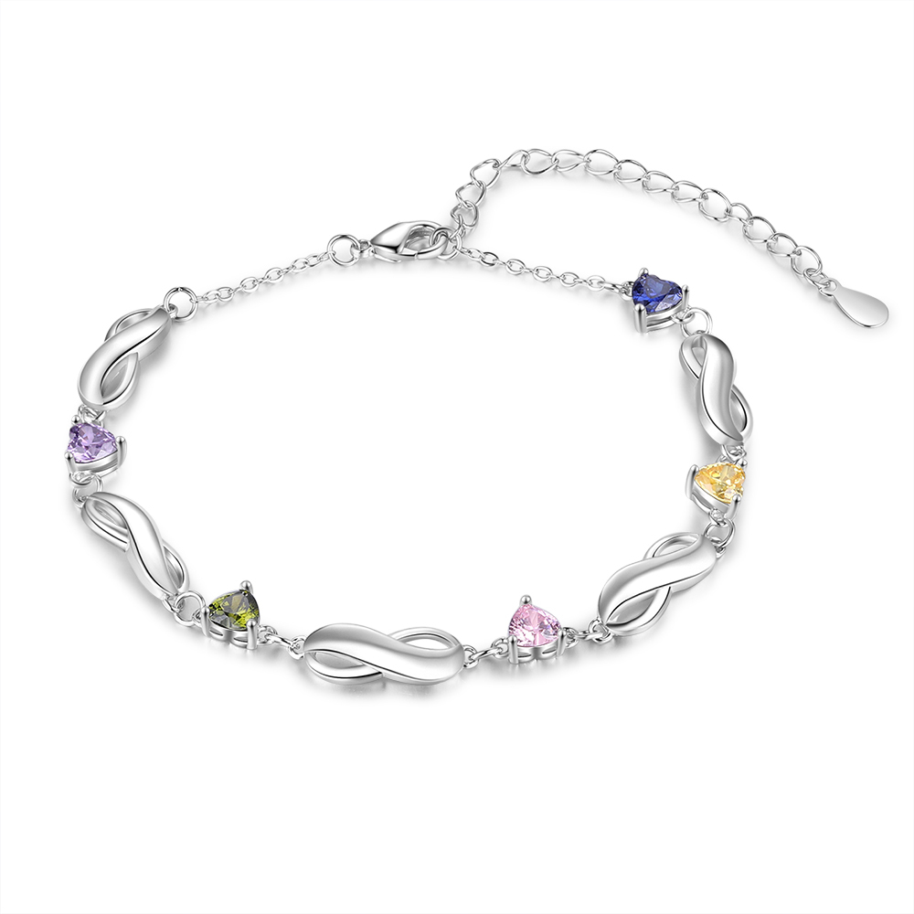 Infinity Bracelet with 5 Heart Shape Birthstones Family Bracelet for Mom
