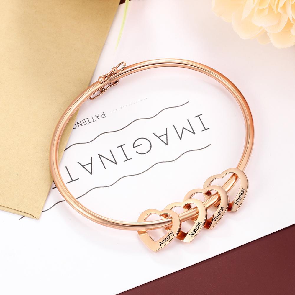 Love Bracelet Bangle Bracelet with 4 Heart Shape Pendant Engraved 4 Names Gift For Mom