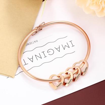 Personalized 4 Names Bracelet Heart Charms Bracelet Love Bangle Gifts for Her
