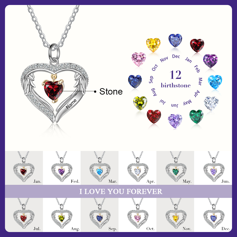 Personalized Diamond Heart Necklace with 1 Birthstone Wings Necklace