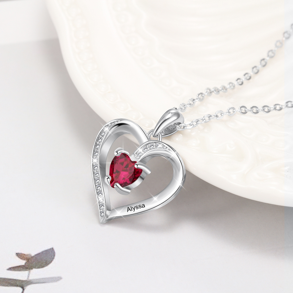 Custom Heart Ruby Necklace with Name & Birthstone 