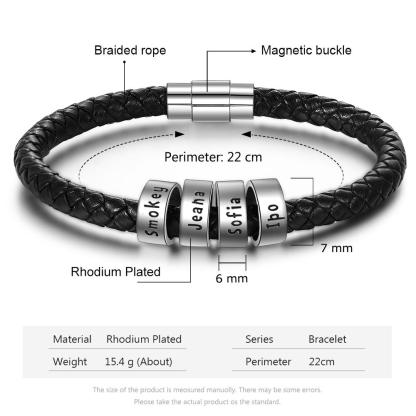 Men Leather Braided Rope Bracelet with 4 Sterling Silver Custom Beads Engarved 4 Family Names Black Bracelet for Men