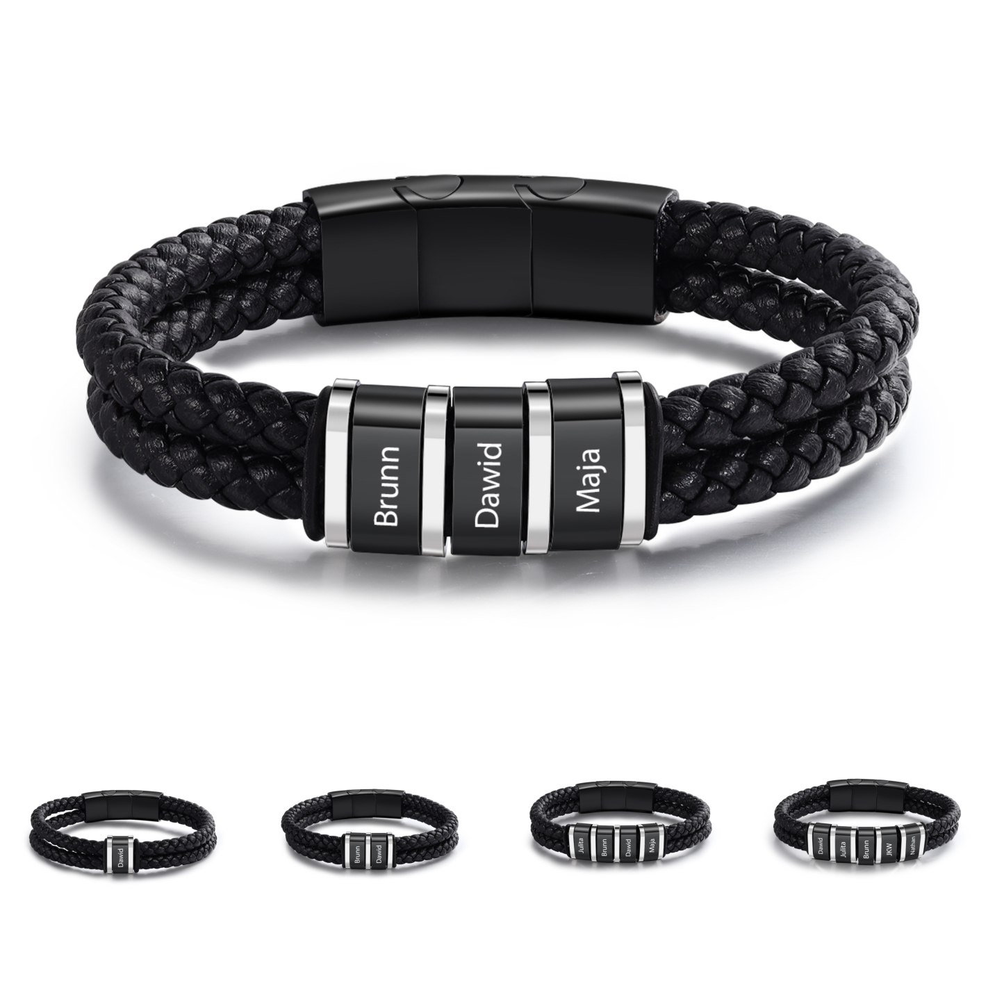 Men's Leather Bracelet Customized 1-5 Names Beaded Bracelet Personalized Gift for Him