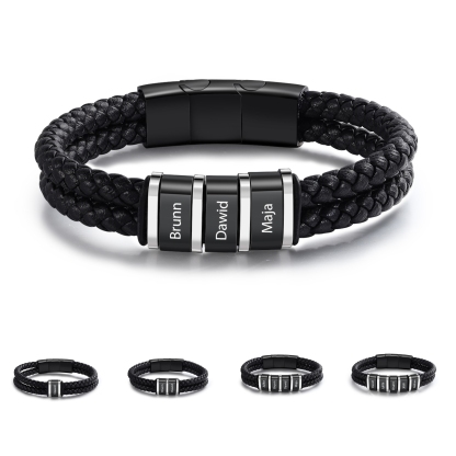 Men's Leather Bracelet Customized 1-5 Names Beaded Bracelet Personalized Gift for Him