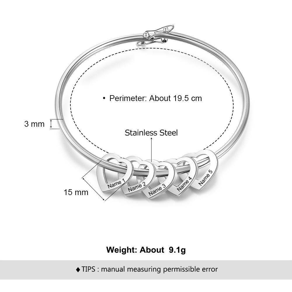 Engraved Personalized Bangle Bracelet with 5 Names with 5 Heart Shape Pendant Gift for Mother