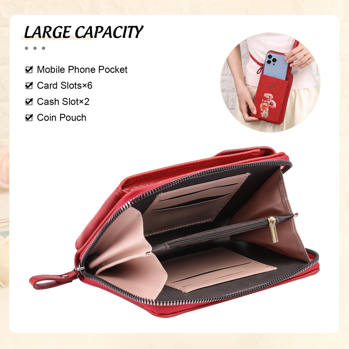 Personalized Women's Leather Wallet Custom Birthday Flower & Name Mobile Phone Wallet Zipper Crossbody Bag