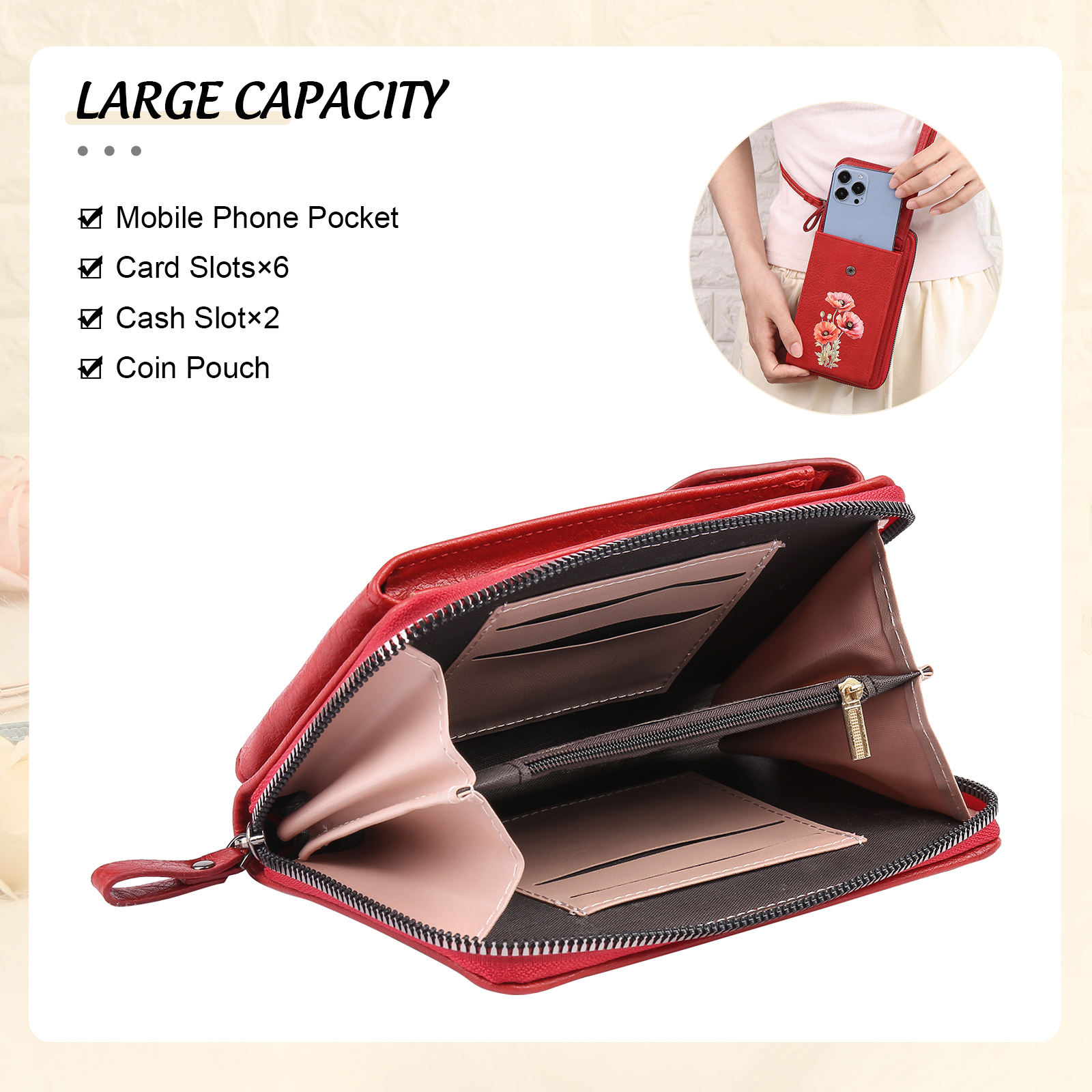 Personalized Women's Leather Wallet Custom Birthday Flower & Name Mobile Phone Wallet Zipper Crossbody Bag