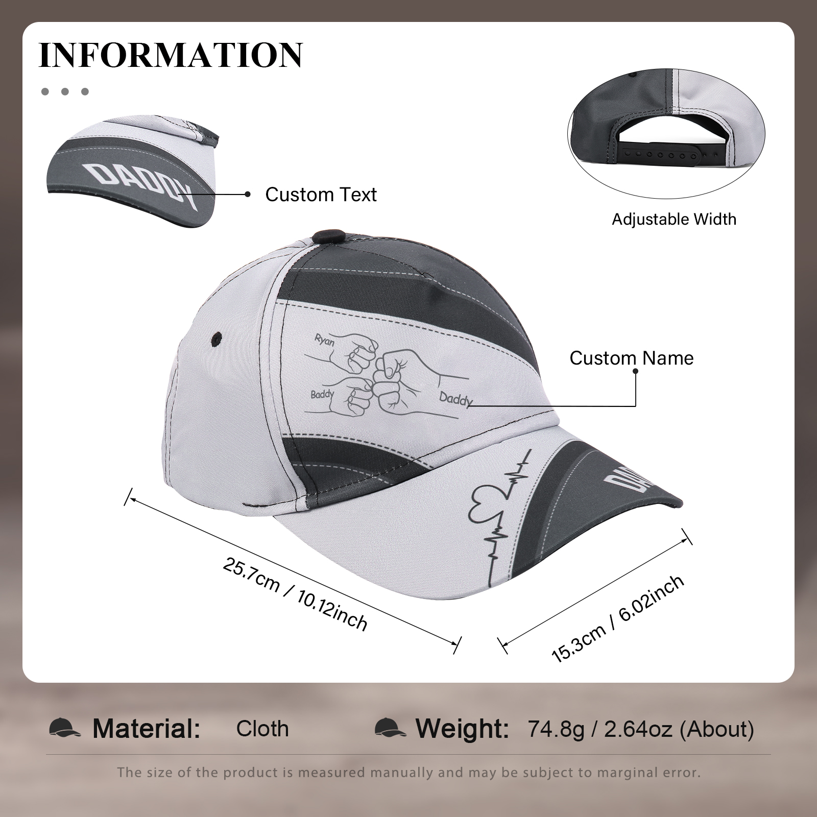 Personalized Fist Bump Classical Baseball Cap Custom 3 Names & 1 Text Snapback Adjustable Gift for Dad/Grandpa/Husband