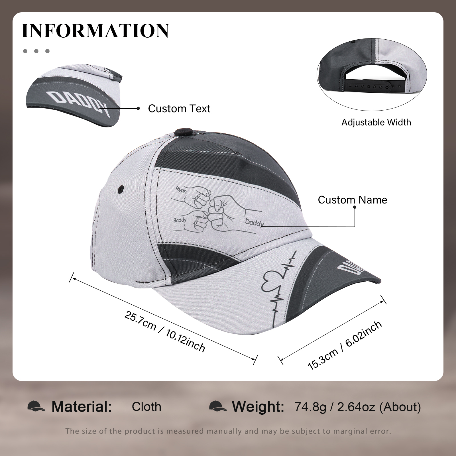 Personalized Fist Bump Classical Baseball Cap Custom 3 Names & 1 Text Snapback Adjustable Gift for Dad/Grandpa/Husband