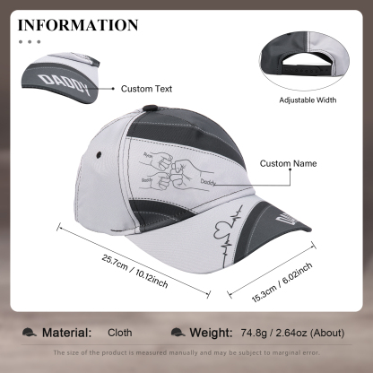 Personalized Fist Bump Classical Baseball Cap Custom 3 Names & 1 Text Snapback Adjustable Gift for Dad/Grandpa/Husband