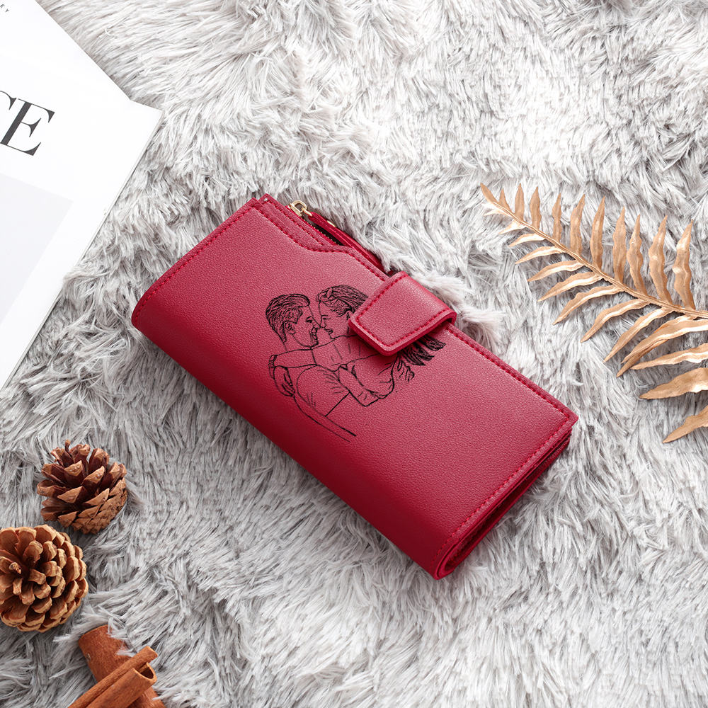 Women Long Style Photo Wallets Custom Inscription Photo Engraved Wallet Red