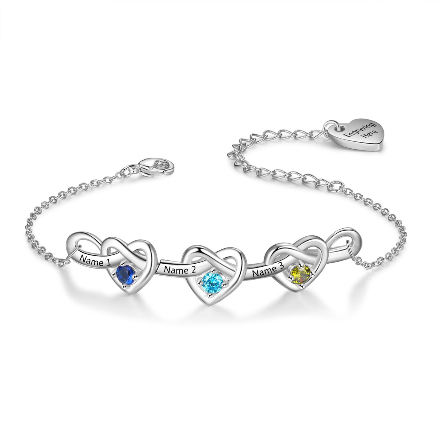 3 Names - Personalized Linked Heart Bracelet Custom Names & Birthstones & Text Bracelets Birthday Gift For Her- Mother's Day Gift for Mom/Grandma