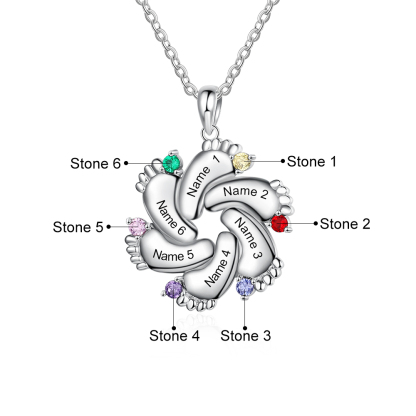 S925 Baby Feet Pendant Necklace with 1-4 Birthstones Engraved Names Gift for Mother