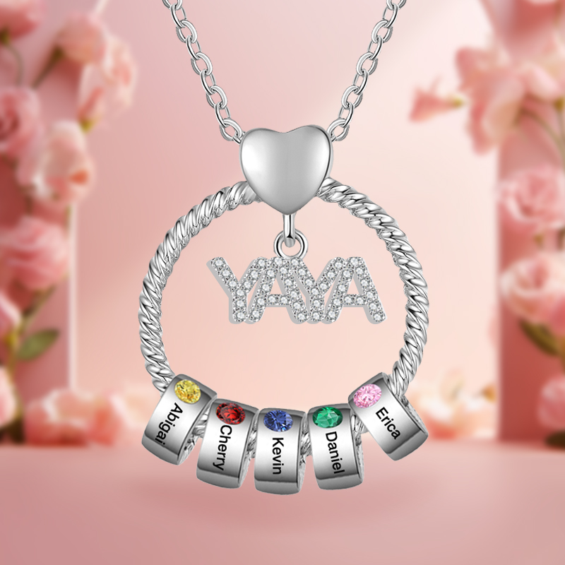Collar a abuela con colgante de "YAYA" con 5 nombres Y 5 piedras de nacimiento personalizados | Jessemade-Jessemade ES