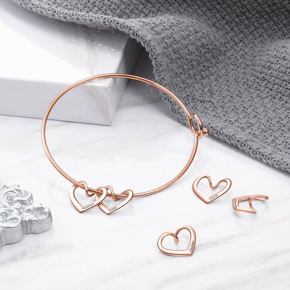 Love Bangle Bracelet with 4 Heart Shape Charms Engraved 4 Names Gift For Mom