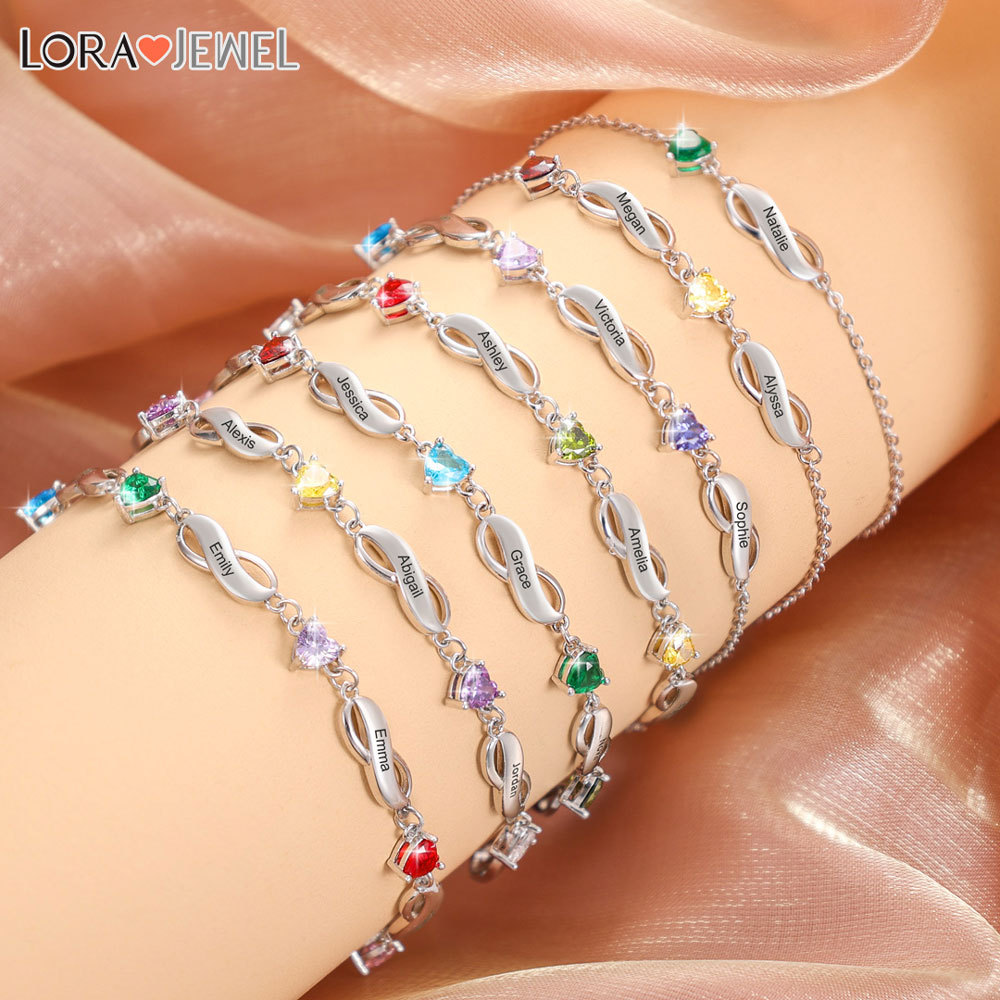 Infinity Bracelet with 5 Heart Shape Birthstones Family Bracelet for Mom