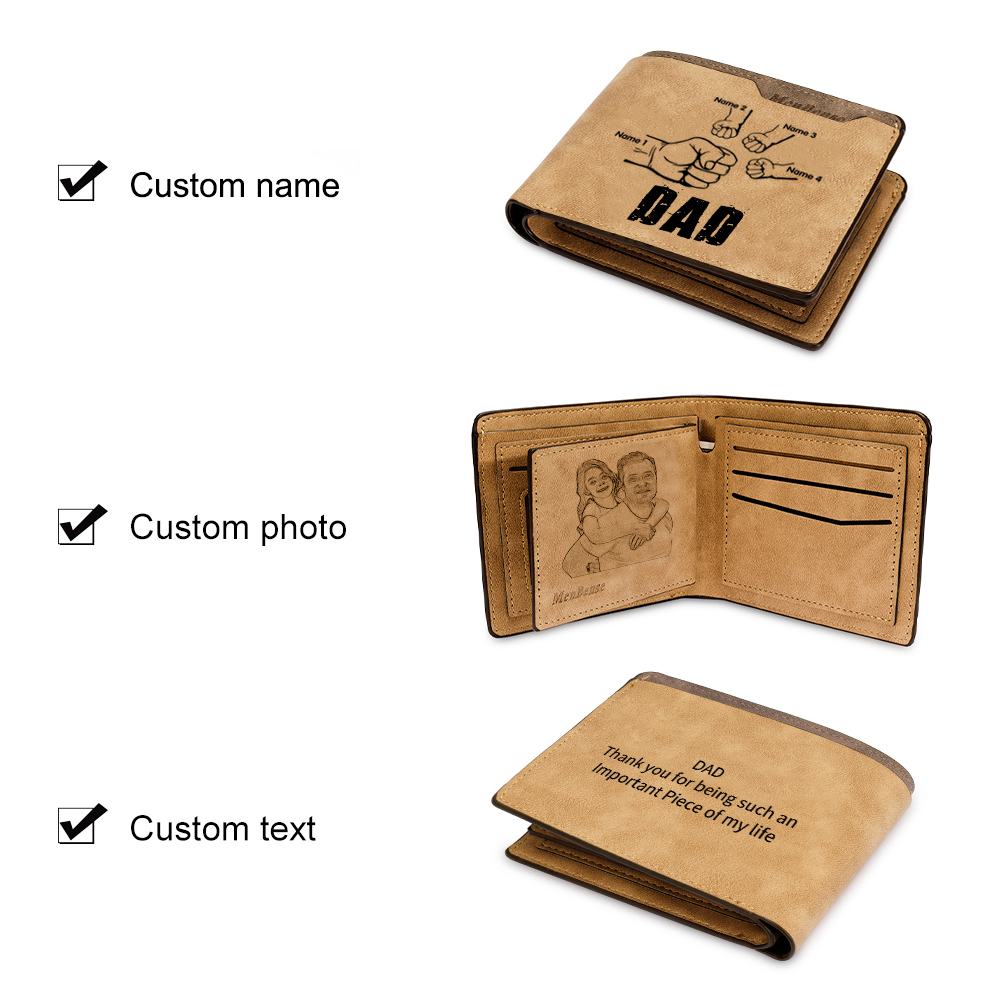 4 Names - Personalized Men Leather Wallet Custom Photo & Text & Name Folding Wallet Fist Bump Wallet Gift for Dad