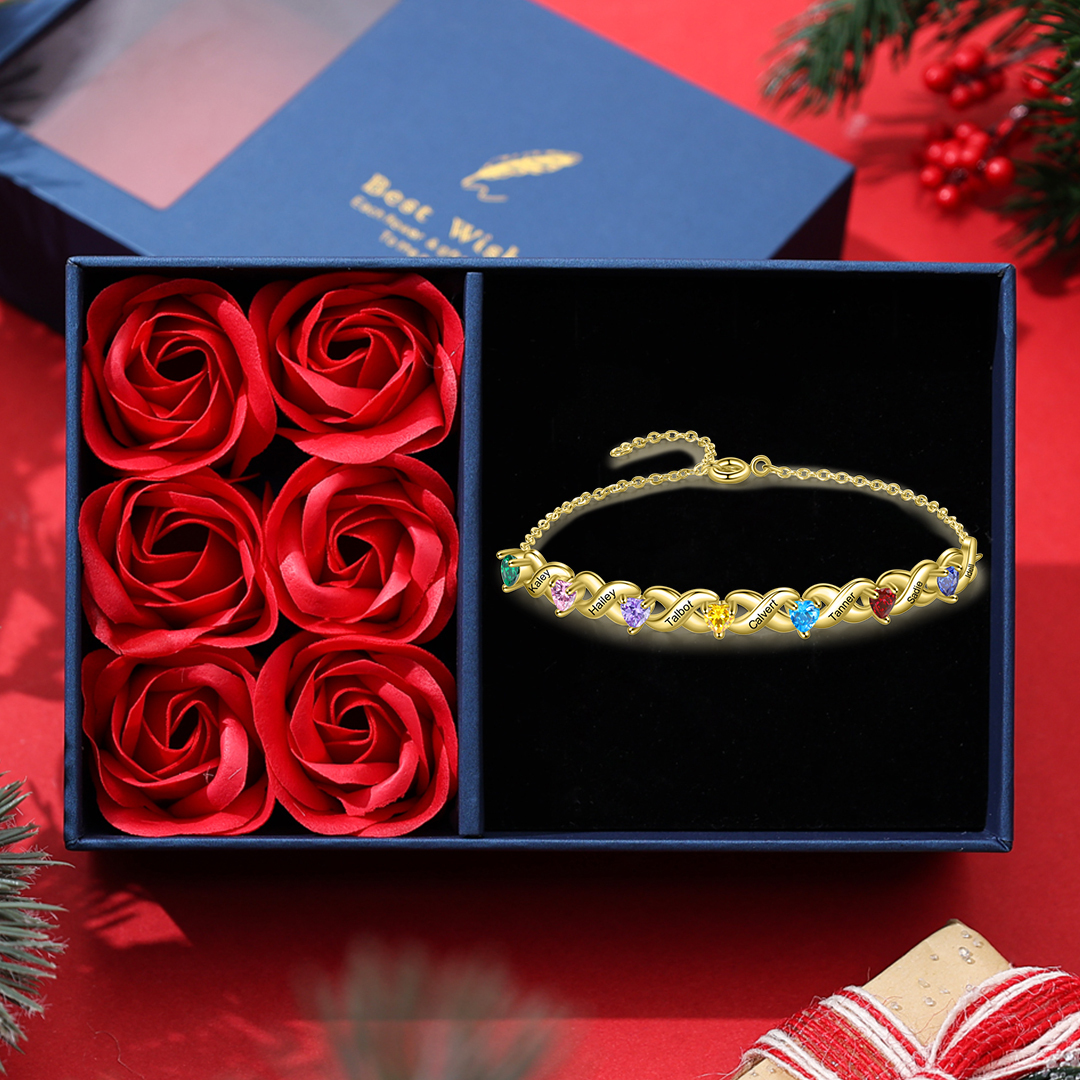 Family Custom Bracelet Heart Personalized with 7 Birthstones