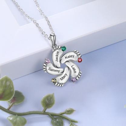 Baby Feet Necklace with 5 Birthstones Engraved 5 Names Family Necklace