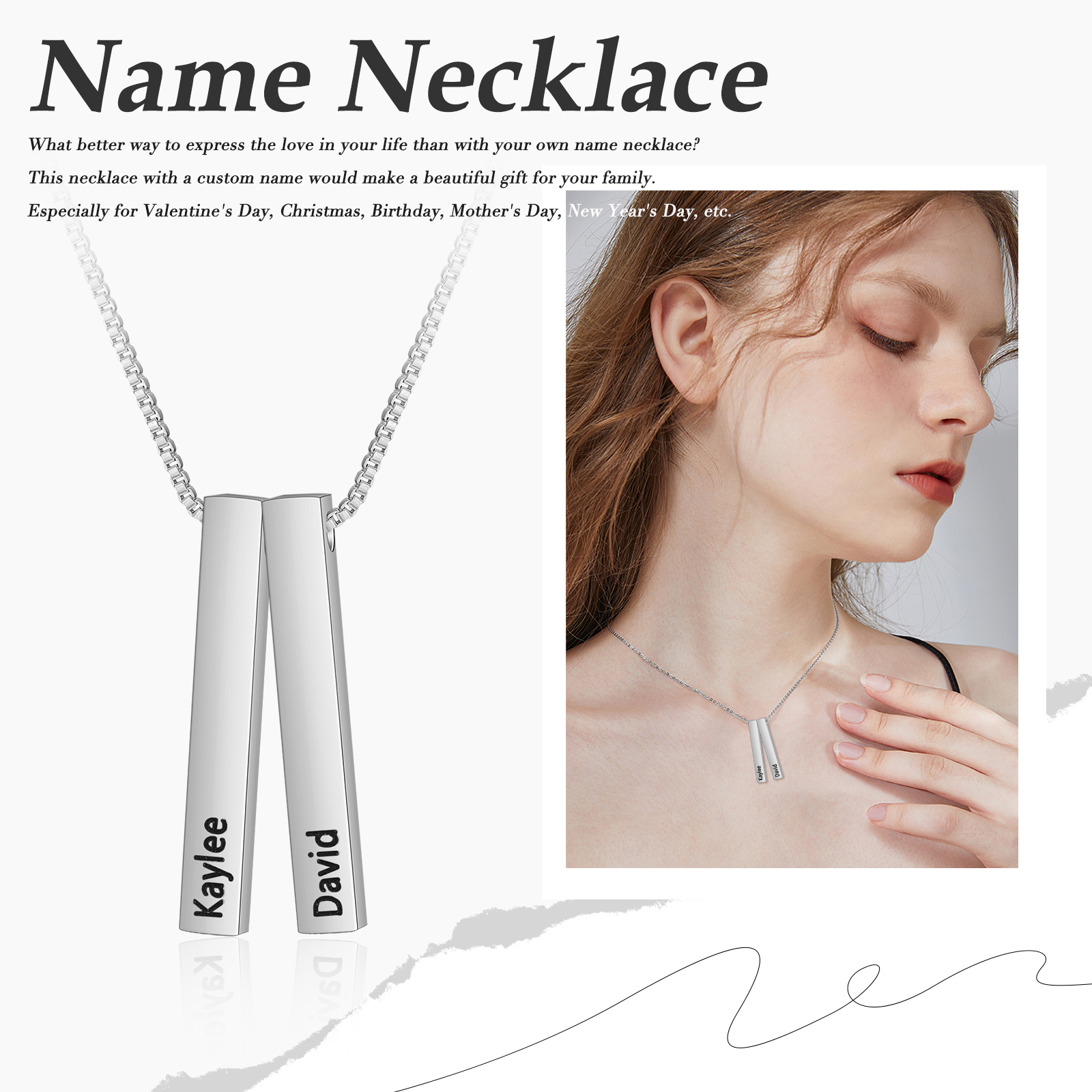Vertical Bar Necklace Personalized 2 Names 3D Bar Necklace